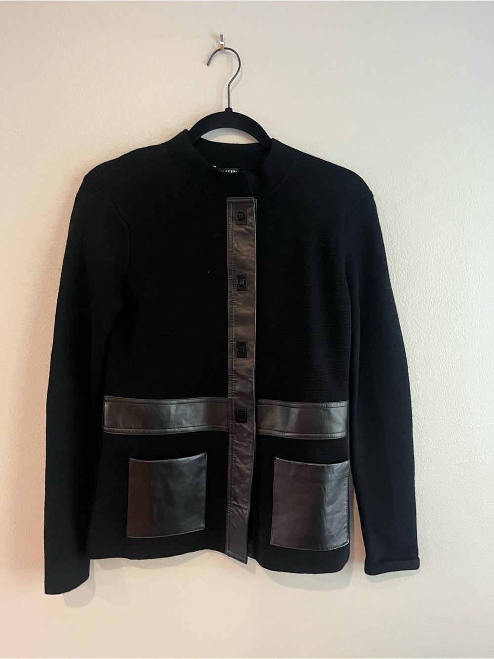 Doncaster Collection Black 100% Wool Leather Trim Jacket Size Small